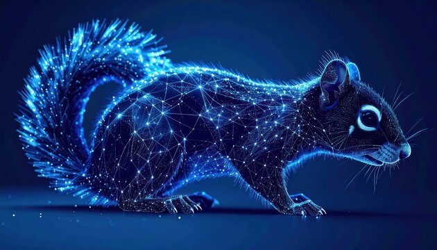 Glowing blue tech squirrel in side profile wireframe view