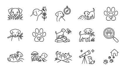 Fototapeta premium Cute Dog Icons Set: Line Art Illustrations of Puppies and Paw Prints