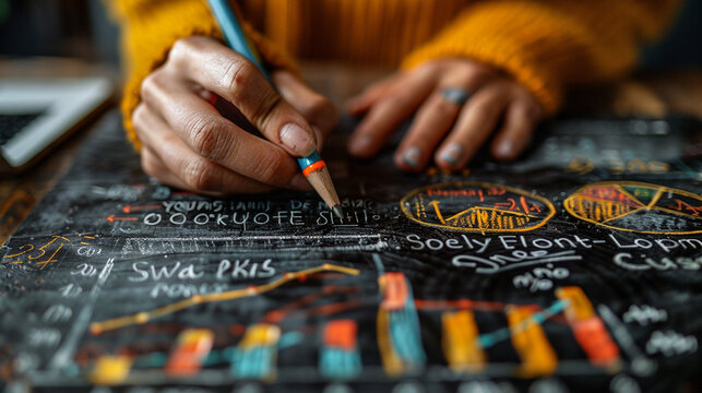 Close-up of hands writing on a chalkboard with various charts and graphs, indicating planning and analysis.
