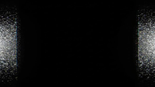 Abstract texture overlay featuring digital static film grain and retro video noise elements on a deep black background for cinematic post production and creative visual effects