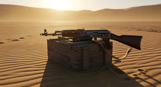 AK-style rifle resting on a wooden ammunition crate in a sunlit desert, creating a dramatic military, survival, and tactical concept with golden hour lighting.