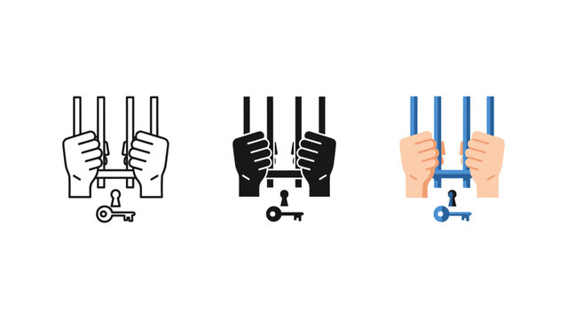Prison bars with hands and key icon set prison cell behind bars prisoner captivity detention incarceration