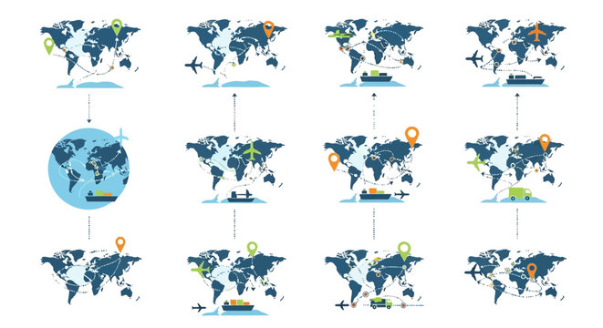 Collection of world maps with markers.