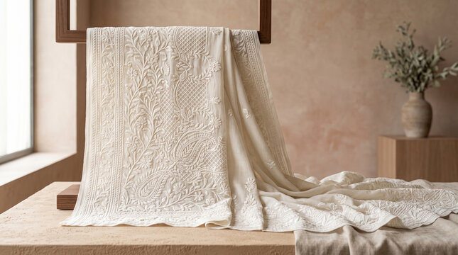 Luxury white hand embroidered fabric with floral patterns draped in a neutral minimalist interior setting