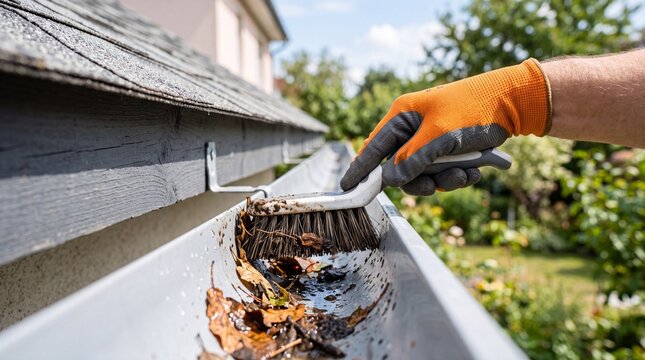 Worker cleaning clogged gutter with brush, removing wet leaf and debris from house roof drainage during outdoor home maintenance.