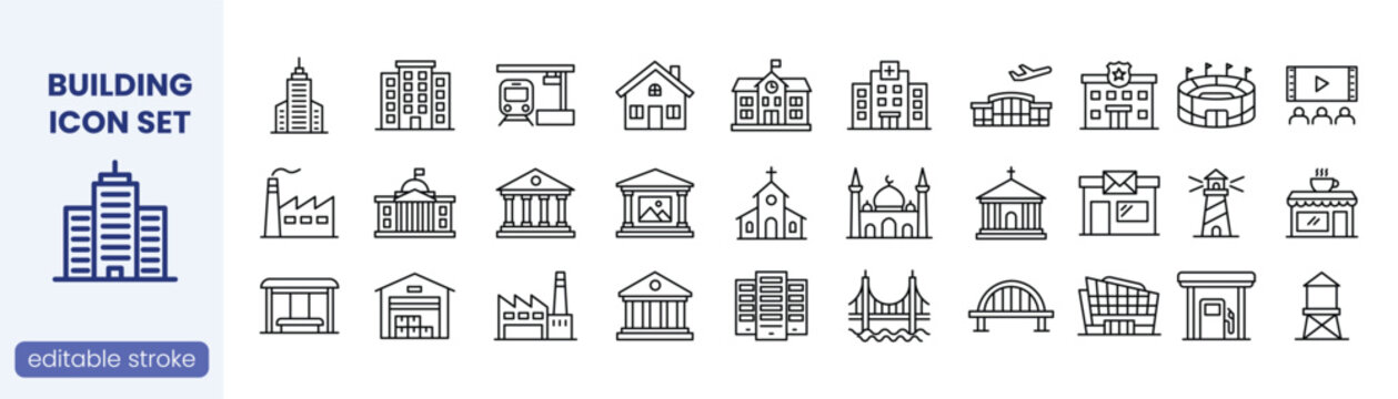 Building and Infrastructure Line Icon Set with Editable Stroke. City, Architecture, and Real Estate symbol. Vector Illustration
