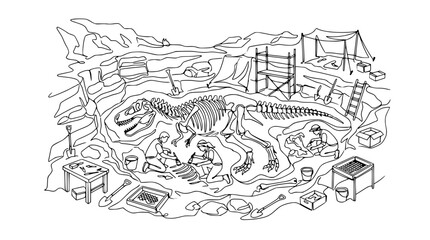 Fototapeta premium Dinosaur Excavation Site: Paleontologists Unearthing T-Rex Skeleton in Dig