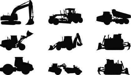 Heavy Construction Machinery Silhouette Icon Collection Featuring Excavators Bulldozers Dump Trucks Loaders Graders and Rollers for Civil Engineering Projects © GeetaRani