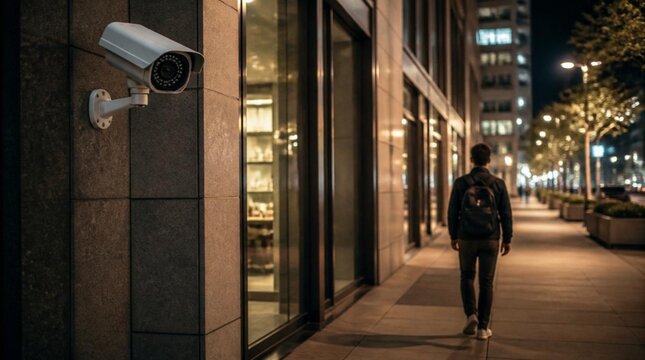 urban evening photography showing a high-resolution security camera mounted on a modern commercial building