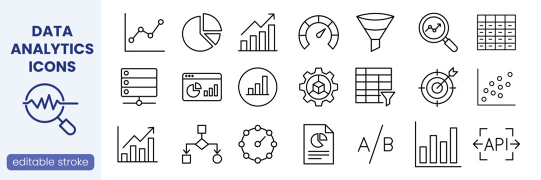 Data Analytics Line Icon Set with Editable Stroke. Business Intelligence and Statistical Research line icon. Vector Illustration