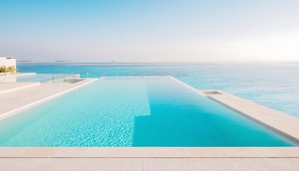 Fototapeta premium Stunning luxury infinity pool with crystal clear water seamlessly blending into a breathtaking tropical ocean view. A premium resort setting perfect for high-end travel branding