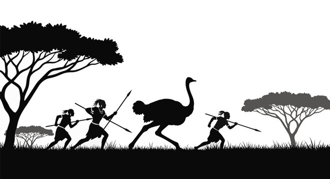 Black silhouette illustration of African tribal hunters with spears chasing a large ostrich through a savanna landscape with acacia trees, isolated on white background.