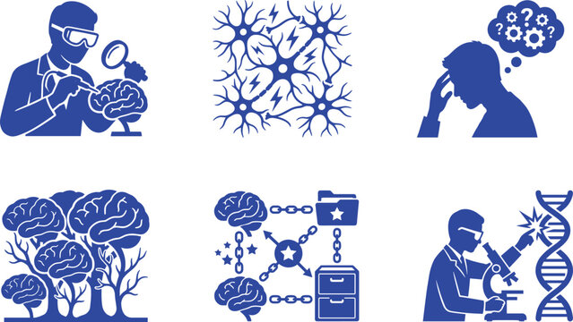 Neuroscience and Brain Research Icon Collection with Neural Activity Cognitive Studies Memory Systems Development and Scientific Discovery Symbols for Design Projects