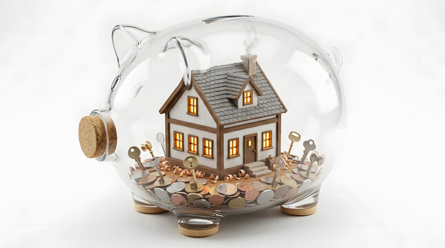 Miniature house inside a glass piggy bank filled with coins.