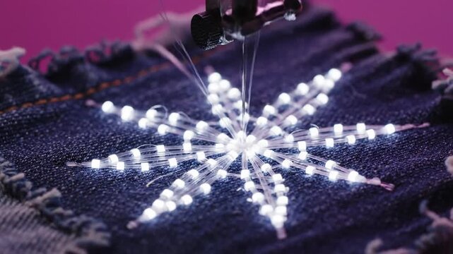 Sewing machine stitching glowing fiber optic snowflake pattern on denim fabric.