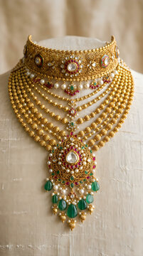 Traditional indian bridal gold choker necklace set with uncut diamonds, rubies, emeralds, and pearls, intricate craftsmanship on a mannequin display
