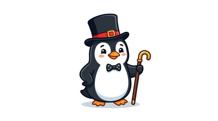 Obraz premium Cartoon penguin in top hat and bow tie with cane