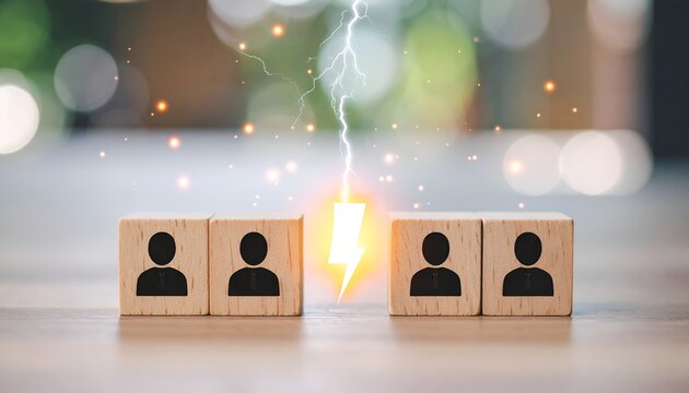 Wooden blocks with profile icons separated by a lightning symbol, representing workplace conflict, communication issues, and team disagreement.