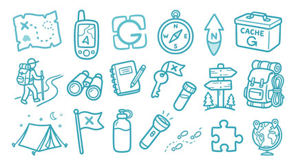 Collection of hand-drawn icons representing geocaching and outdoor adventure activities. © Meila