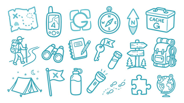 Collection of hand-drawn icons representing geocaching and outdoor adventure activities.
