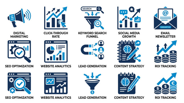 Digital marketing icons illustrate business growth strategies and SEO optimization techniques