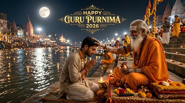 Guru Blesses Disciple by Ganges River During Guru Purnima Festival
