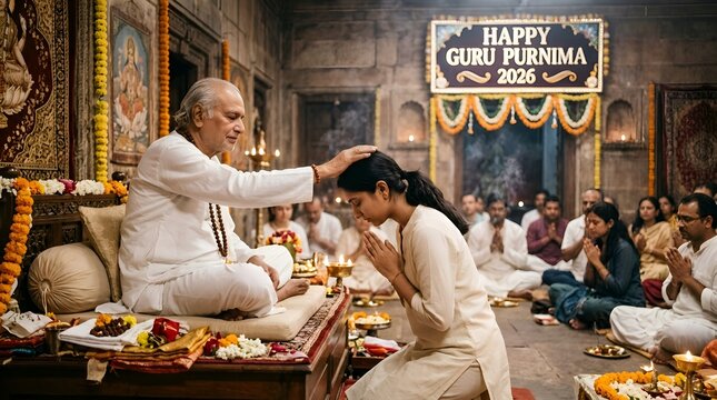 Guru Blesses Disciple in Sacred Ceremony, Indian Tradition, Guru Purnima