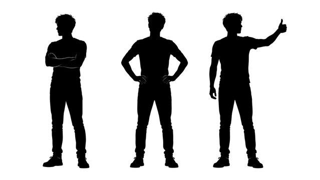 Silhouette Man Collection: Three distinct male silhouettes showcase different poses: arms crossed, hands on hips, and a thumbs-up gesture, representing diverse attitudes and actions.