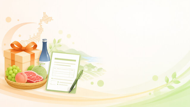 Hometown tax donation furusato nozei concept with gift and local goods, with copy space, flat illustration style