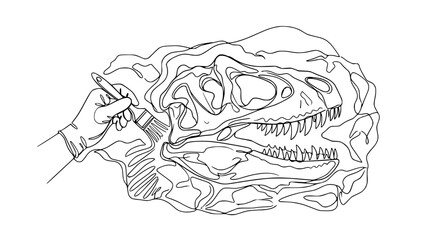 Dinosaur Fossil Excavation: Artist Brushing Ancient Skull Fragment © Tanduran