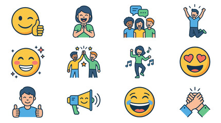 Fototapeta premium Creative Set of Colorful Flat Design Icons Showing Positive Emotions Celebrations and Social Interactions