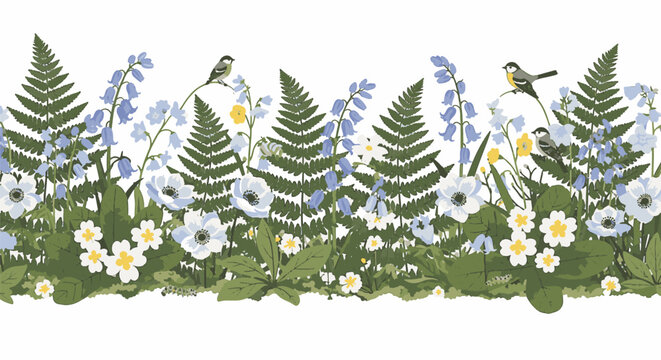 Horizontal woodland wildflower border illustration featuring bluebells, ferns, white anemones, yellow primroses, moss, and songbirds on a white background for spring floral design.