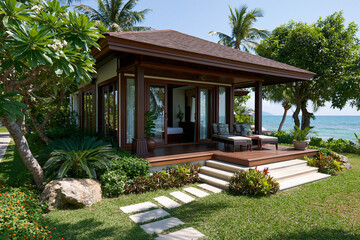 Fototapeta premium Cozy beach house with lush garden near ocean on a sunny day
