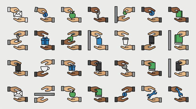 Flat Vector Icons of Hands Exchanging Various Items, Including Envelope, Coin, Apple, Key, Gift, Coffee Cup, Phone, Book, and Wrench, Diverse Skin Tones, Transactional Concepts