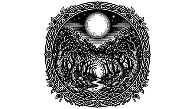 Celtic knotwork illustration of a mystical forest under a full moon