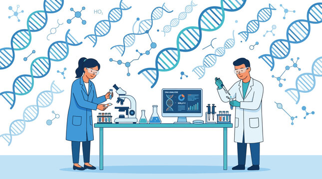 Scientists in Lab Researching DNA and Genetic Code Illustration