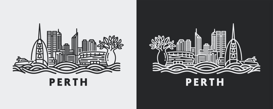 Perth Australia Western Australian City Skyline Vector Line Art Illustration for Travel Merchandise and Urban Branding Identity