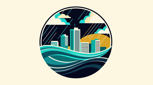 Modern city skyline with stylized waves and sun design.