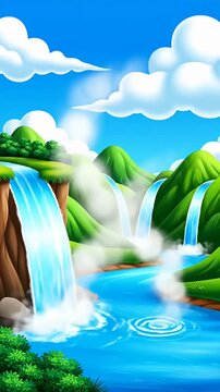 Colorful cartoon landscape with mountains and several waterfalls.