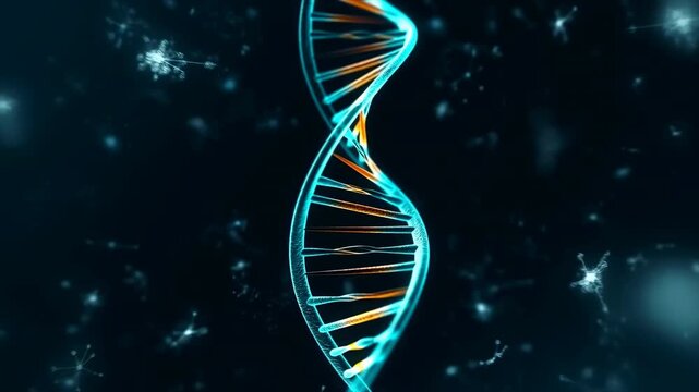 futuristic digital rendering of glowing blue and orange scientific strand in dark background with side view of educational content for biotechnology industry use case.