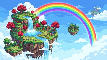 Naklejka premium Pixel art fantasy landscape with floating islands and rainbow