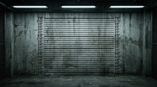 Police lineup background with height chart on concrete wall