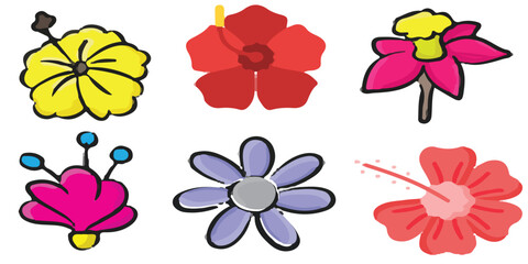 Obraz premium Beautiful flat colorful vector illustration set featuring blooming red hibiscus and purple daisy flowers for bright spring and summer botanical graphic design