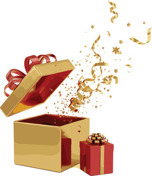 Open luxury golden gift box with exploding confetti and ribbons, surprise celebration vector illustration backdrop