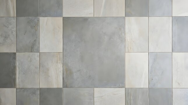 Seamless abstract textured background of square tiles in beige grey and white tones with subtle marbling effect for design.