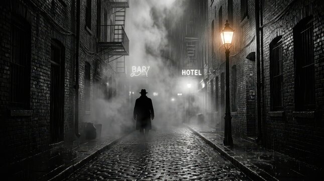 A mysterious man in a trench coat and fedora walking through a rainy, foggy alleyway at night in a noir film noir style
