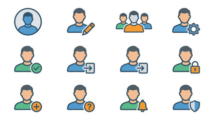 Fototapeta premium Dynamic Icons Set Showing User Roles and Actions with Symbols Pencils Gear Locks and Alerts in Flat Design
