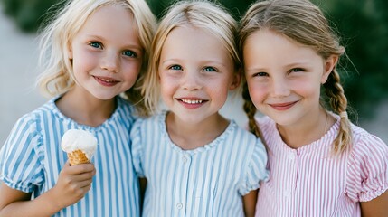 Fototapeta premium Three happy girls enjoying ice cream outdoors in bright sunlight