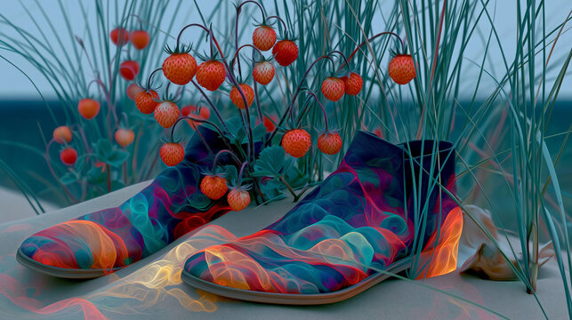 Wild Strawberries in Sand Dune with Sandals and Sea Grass