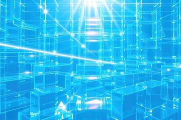 Fototapeta premium Bright blue abstract cubes create futuristic tunnel. Light beams radiate from center, forming digital landscape.